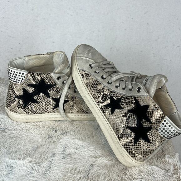 The Kooples Women’s Distressed Leather Hi-Top Sneakers Stars Studs Snakeskin 36 - Picture 10 of 11